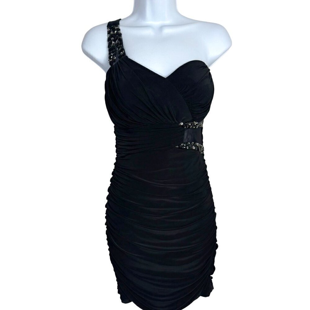 City Studio Black One Shoulder Gathered Beaded Sequin Formal Women's Small EUC